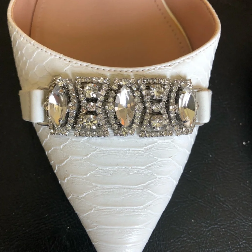 Enzo Angiolini White Pointed D'Orsay Heels with Crystal Buckle.  Eagabella.